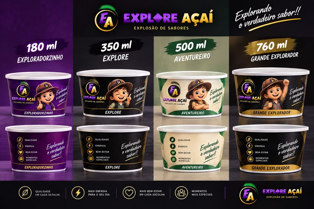 Linha de copos Explore Açaí de 180 ml a 760 ml com personagens exploradores