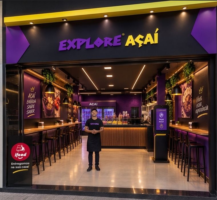 Projeto da fachada padrão Explore Açaí com atendente na porta